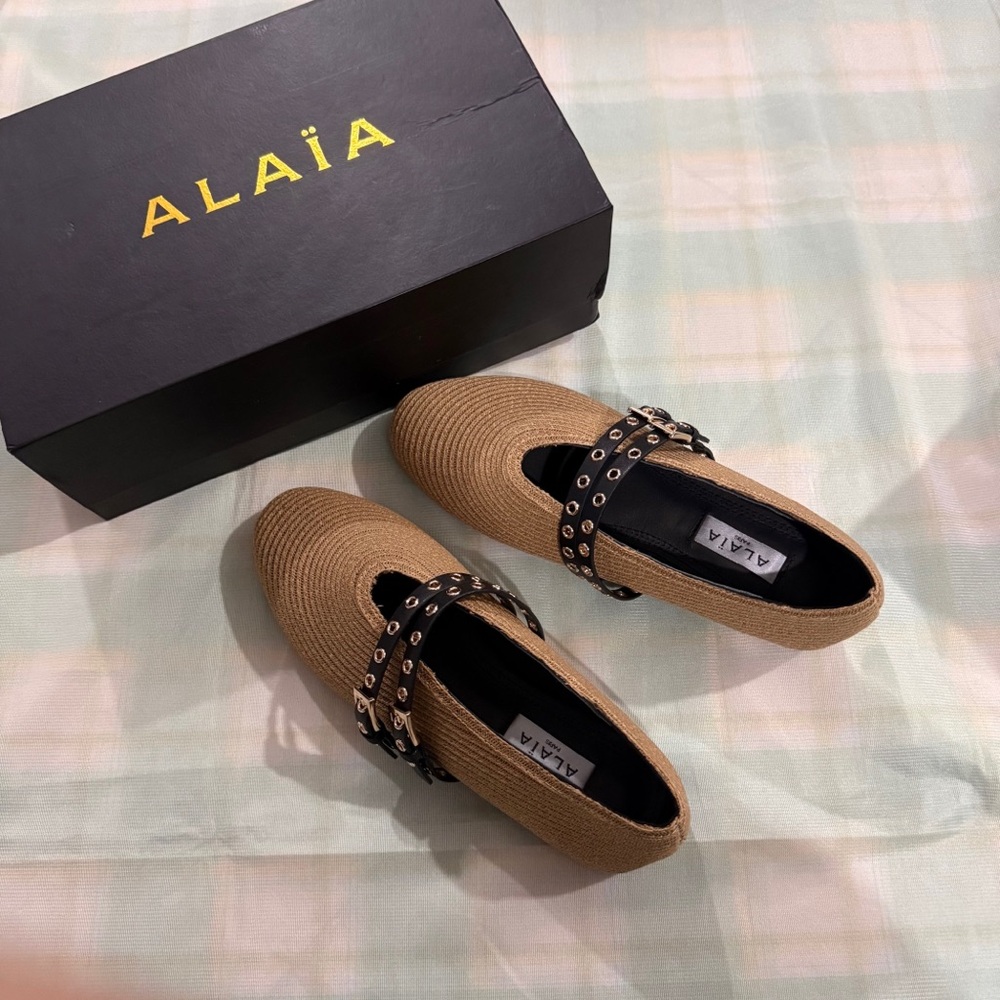 Alaïa Tan Woven Mules with Black Studded Strap